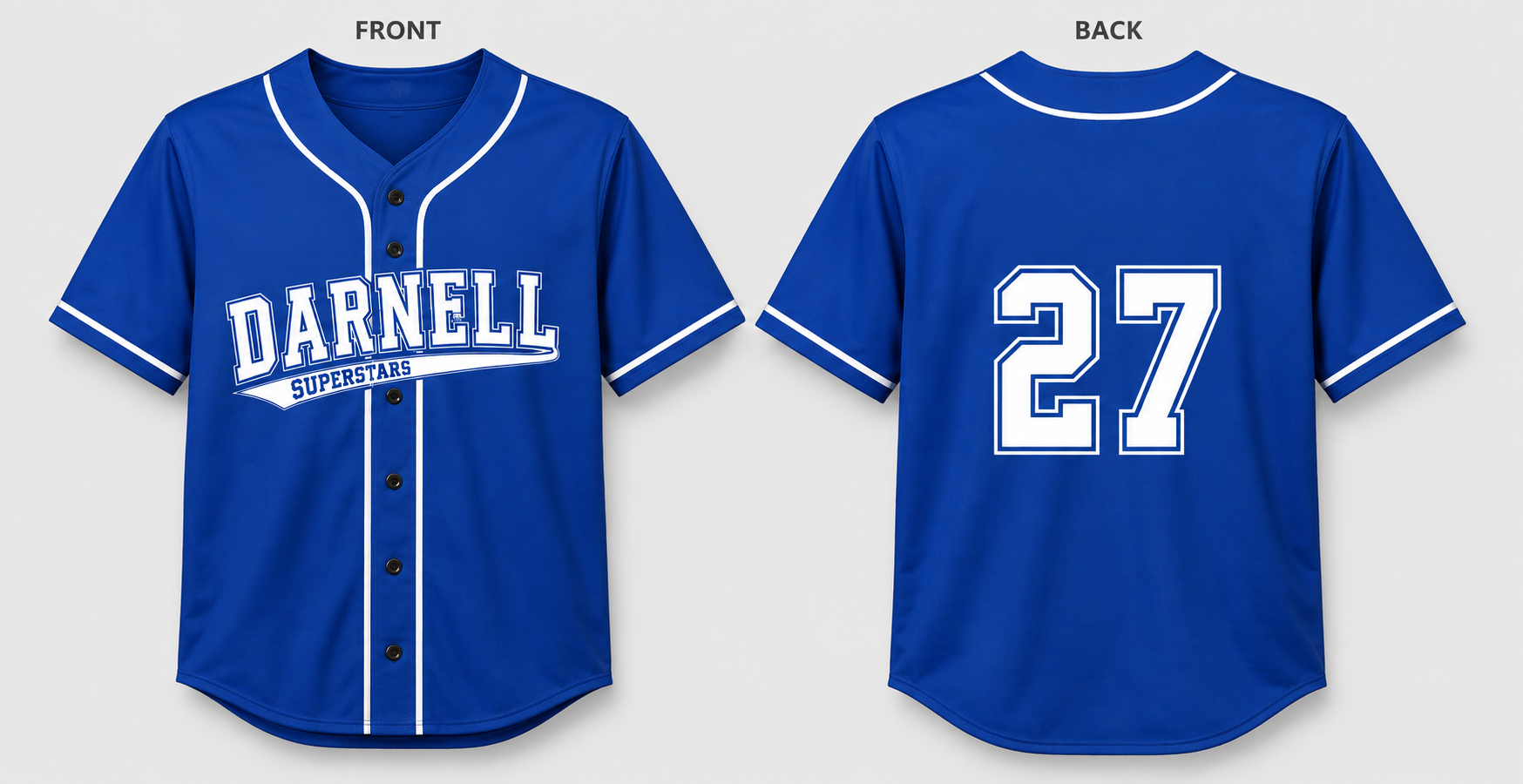 Front and back of the royal blue Darnell Superstars Line Drive full-button jersey